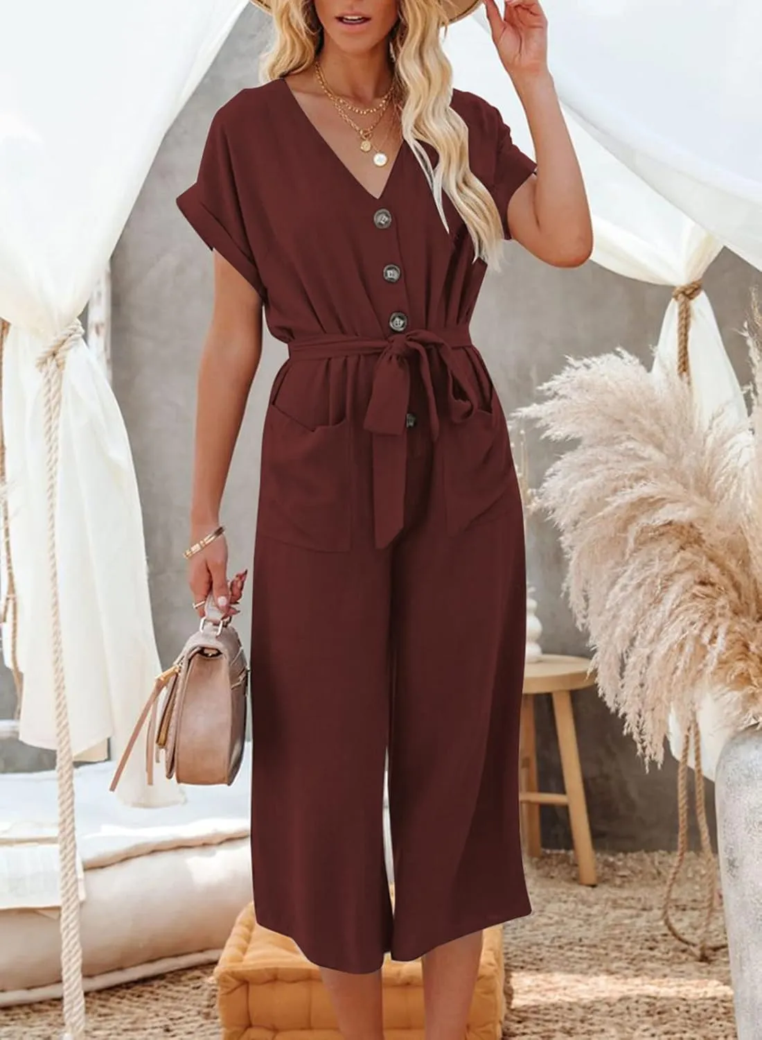 Acelitt Women Casual V Neck Short Sleeve Button Belted Wide Leg Jumpsuits,S-XXL