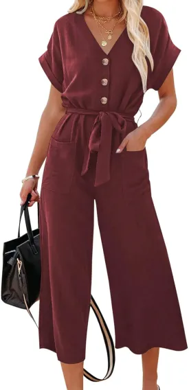 Acelitt Women Casual V Neck Short Sleeve Button Belted Wide Leg Jumpsuits,S-XXL