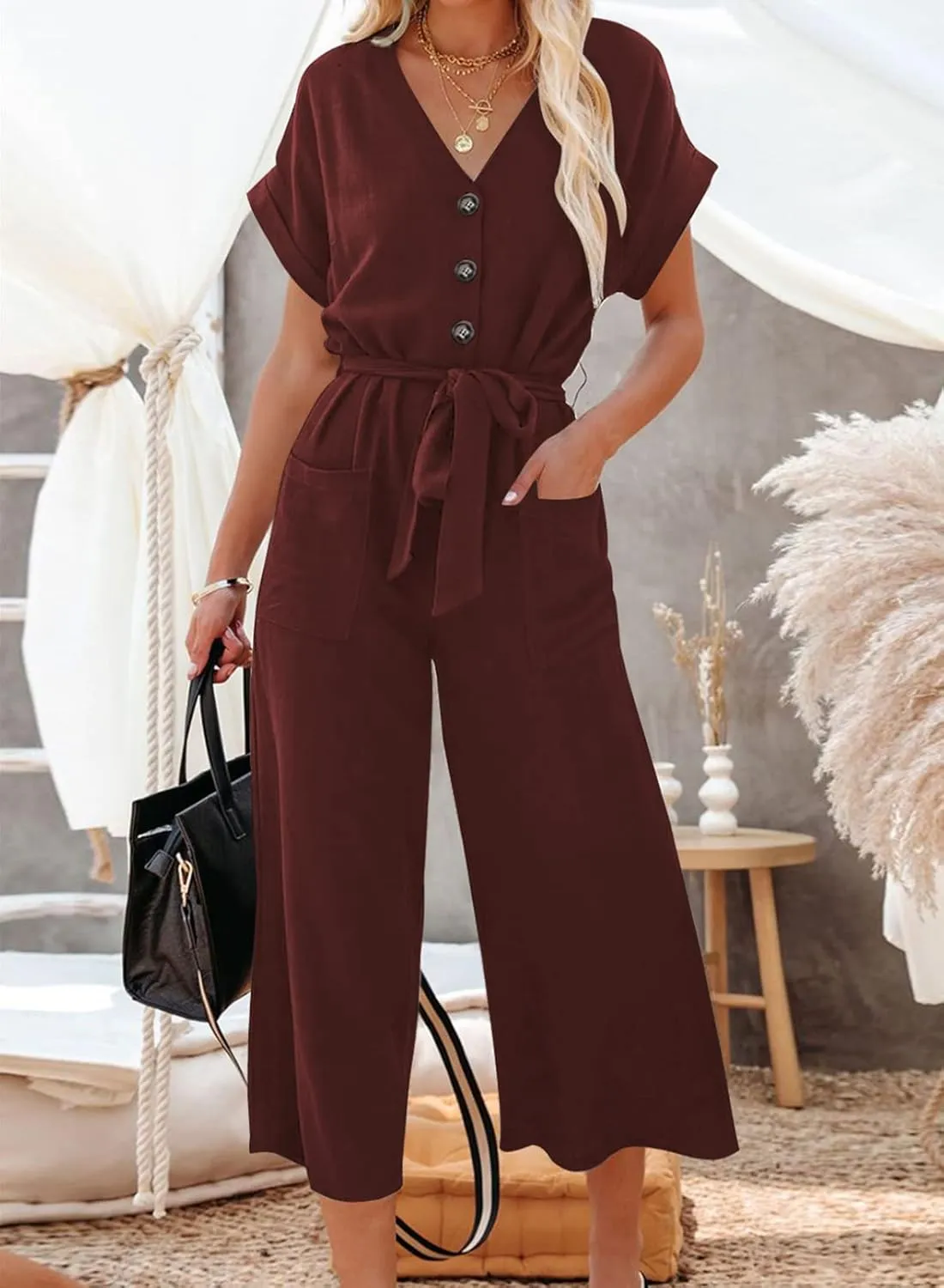 Acelitt Women Casual V Neck Short Sleeve Button Belted Wide Leg Jumpsuits,S-XXL