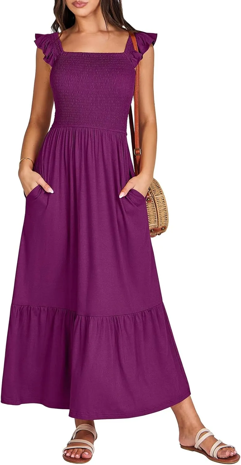 ANRABESS Womens Square Neck Maxi Dress Ruffle Sleeveless Smocked Casual Summer Beach Sundress with Pockets