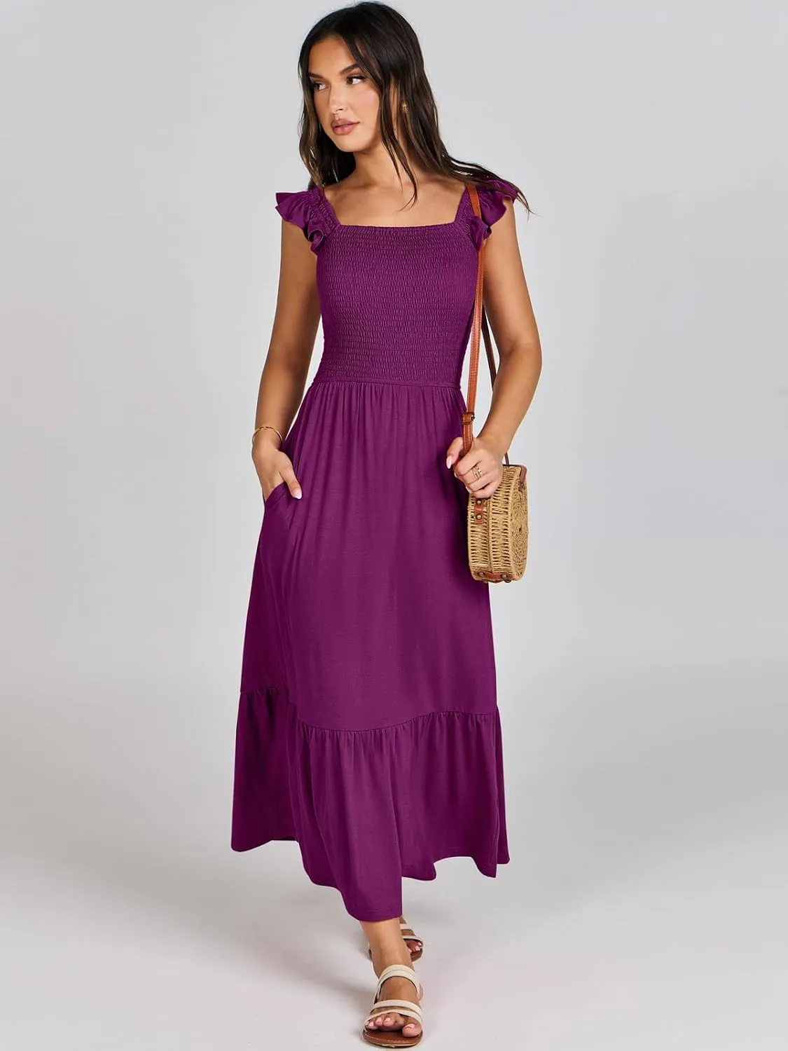 ANRABESS Womens Square Neck Maxi Dress Ruffle Sleeveless Smocked Casual Summer Beach Sundress with Pockets
