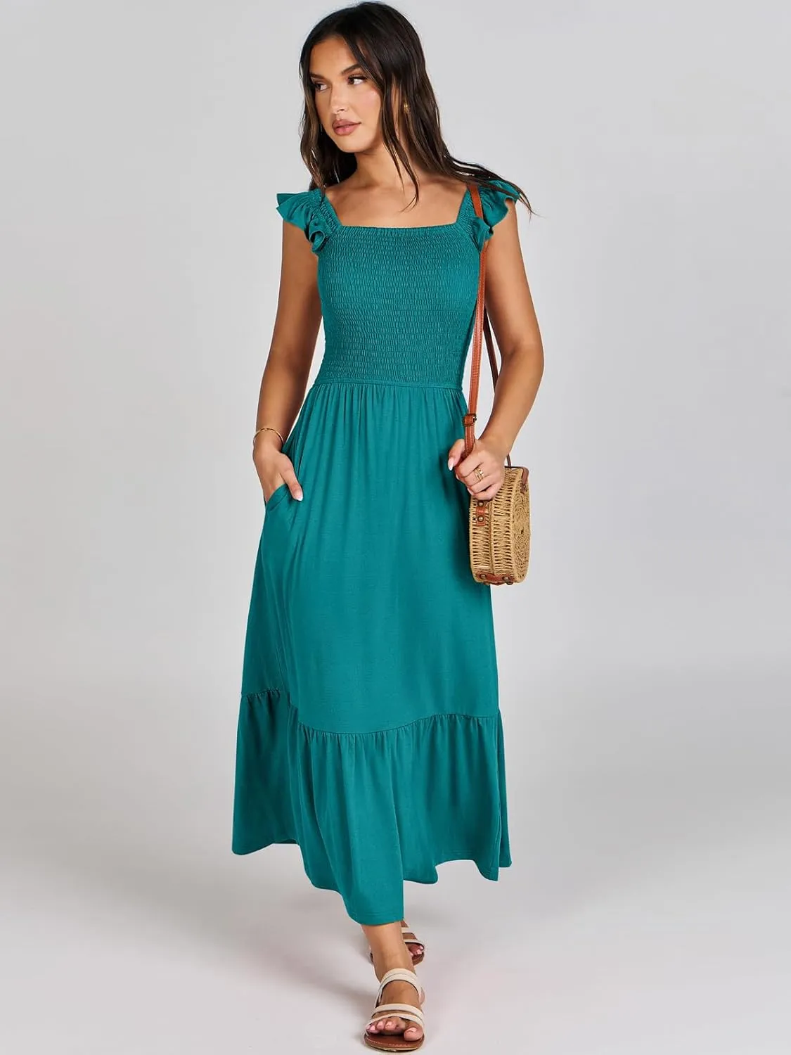 ANRABESS Womens Square Neck Maxi Dress Ruffle Sleeveless Smocked Casual Summer Beach Sundress with Pockets