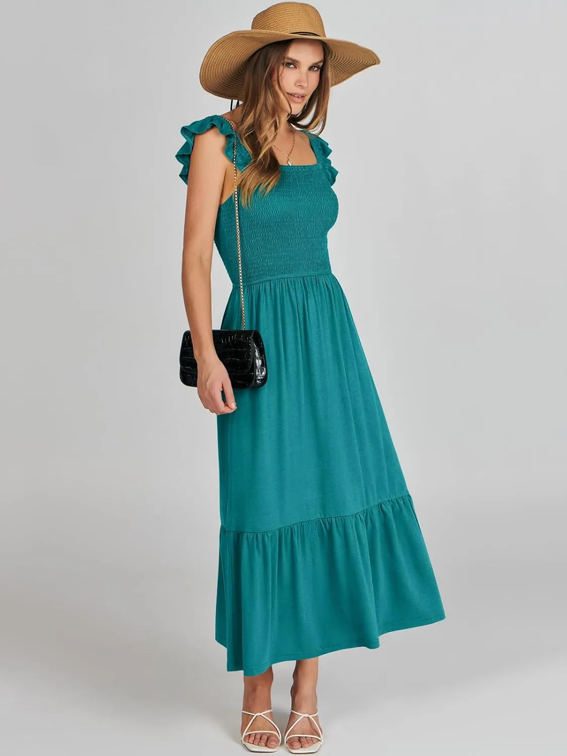ANRABESS Womens Square Neck Maxi Dress Ruffle Sleeveless Smocked Casual Summer Beach Sundress with Pockets
