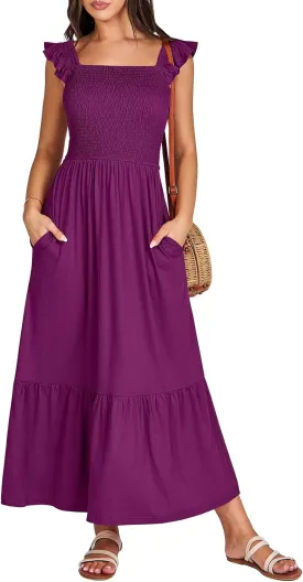 ANRABESS Womens Square Neck Maxi Dress Ruffle Sleeveless Smocked Casual Summer Beach Sundress with Pockets