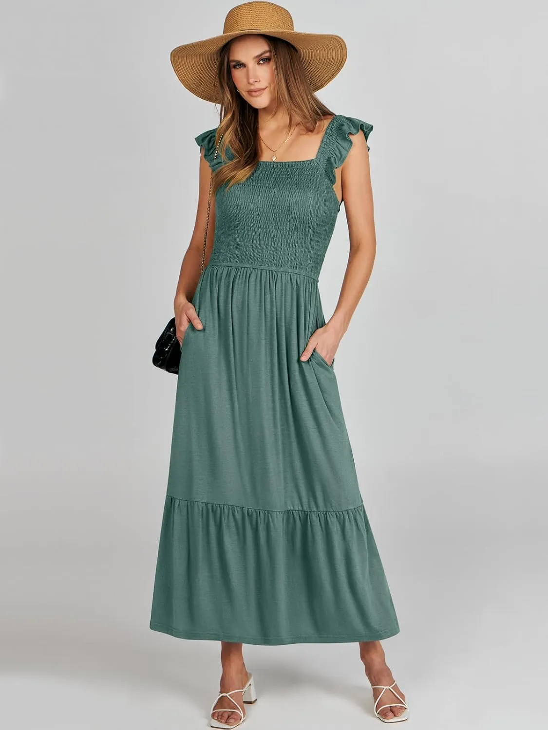 ANRABESS Womens Square Neck Maxi Dress Ruffle Sleeveless Smocked Casual Summer Beach Sundress with Pockets