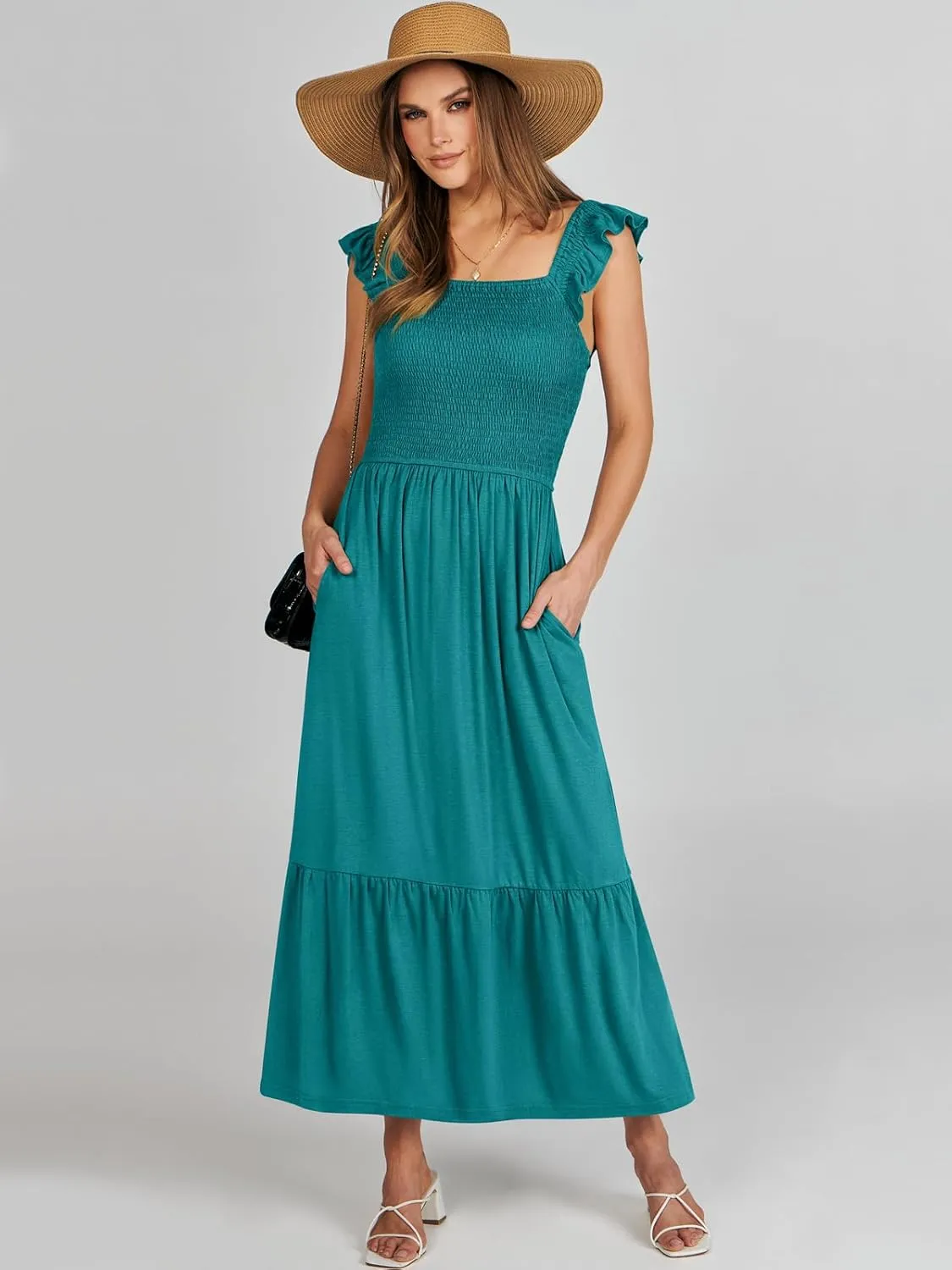 ANRABESS Womens Square Neck Maxi Dress Ruffle Sleeveless Smocked Casual Summer Beach Sundress with Pockets