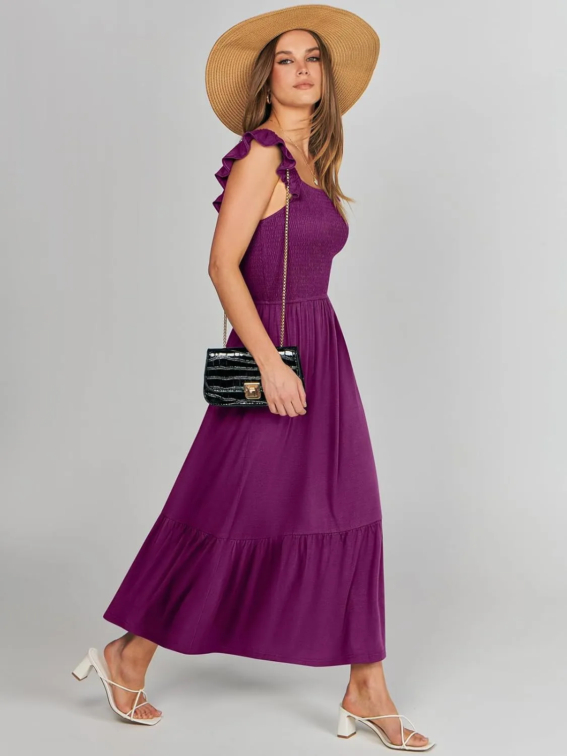 ANRABESS Womens Square Neck Maxi Dress Ruffle Sleeveless Smocked Casual Summer Beach Sundress with Pockets