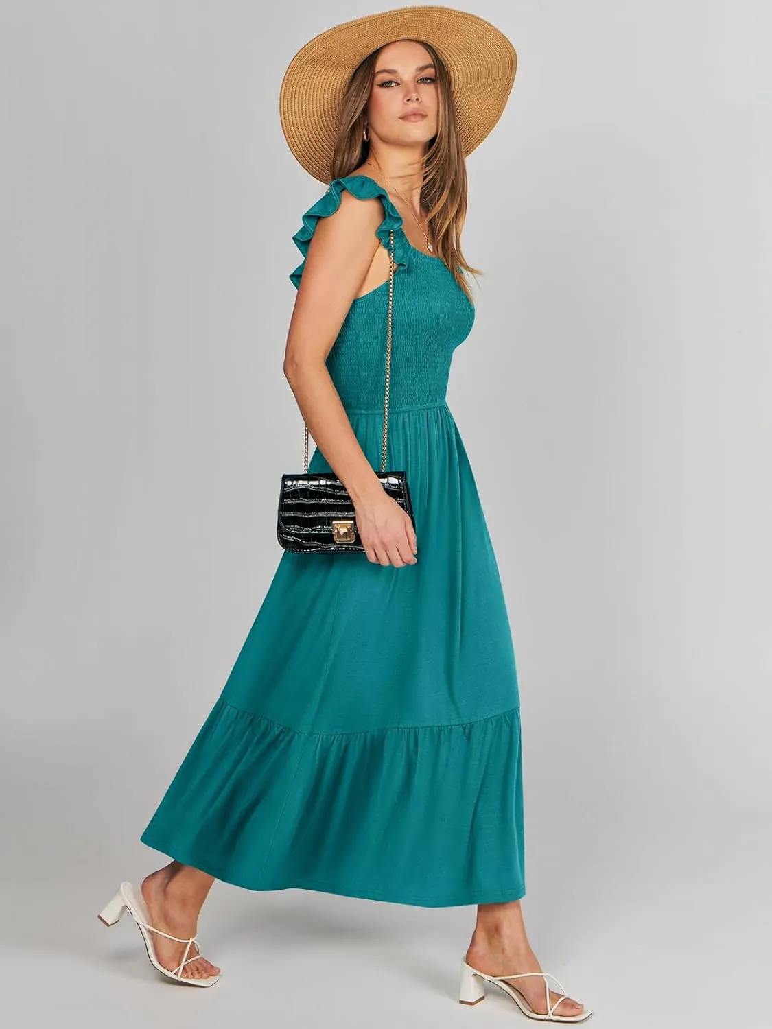 ANRABESS Womens Square Neck Maxi Dress Ruffle Sleeveless Smocked Casual Summer Beach Sundress with Pockets