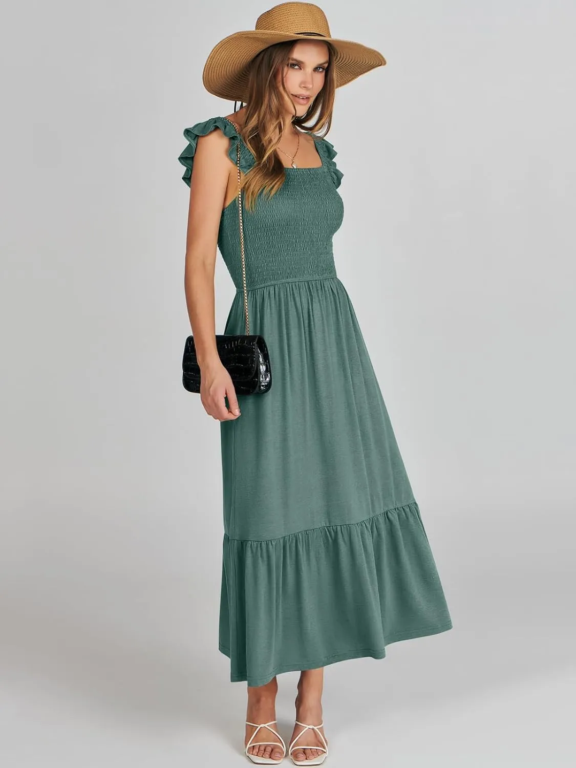 ANRABESS Womens Square Neck Maxi Dress Ruffle Sleeveless Smocked Casual Summer Beach Sundress with Pockets