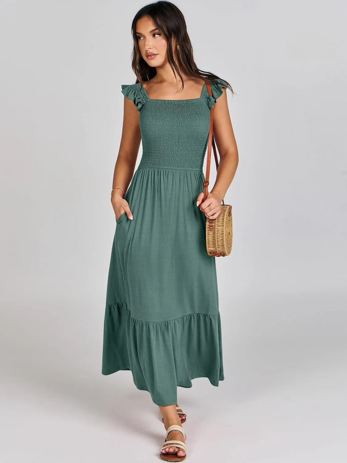 ANRABESS Womens Square Neck Maxi Dress Ruffle Sleeveless Smocked Casual Summer Beach Sundress with Pockets