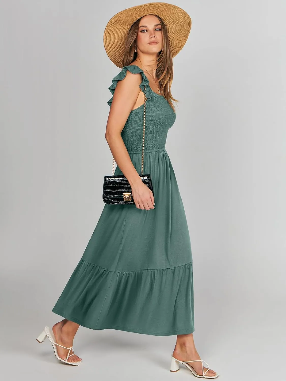 ANRABESS Womens Square Neck Maxi Dress Ruffle Sleeveless Smocked Casual Summer Beach Sundress with Pockets