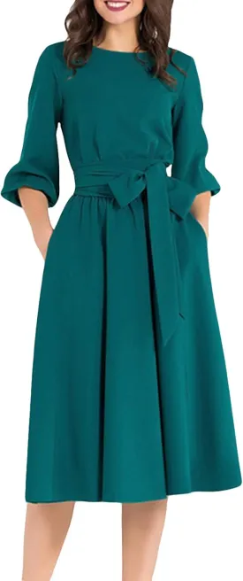 AOOKSMERY Women Elegance Audrey Hepburn Style Round Neck 3/4 Puff Sleeve Swing Midi Dress Long Belt Dresses with Pockets