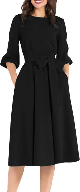 AOOKSMERY Women Elegance Audrey Hepburn Style Round Neck 3/4 Puff Sleeve Swing Midi Dress Long Belt Dresses with Pockets