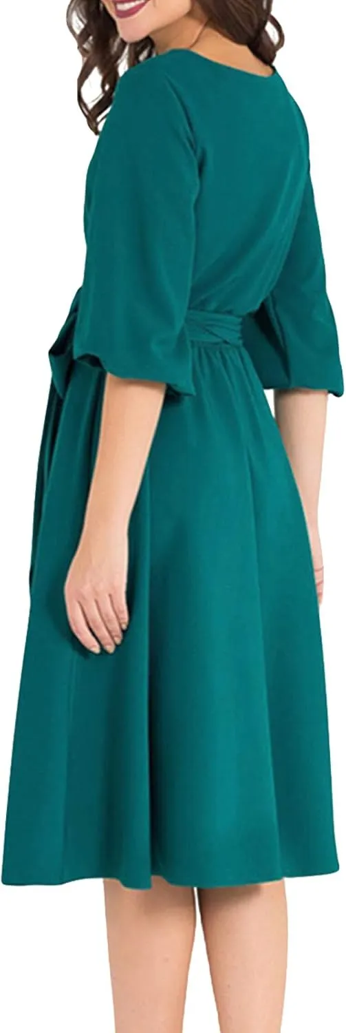 AOOKSMERY Women Elegance Audrey Hepburn Style Round Neck 3/4 Puff Sleeve Swing Midi Dress Long Belt Dresses with Pockets