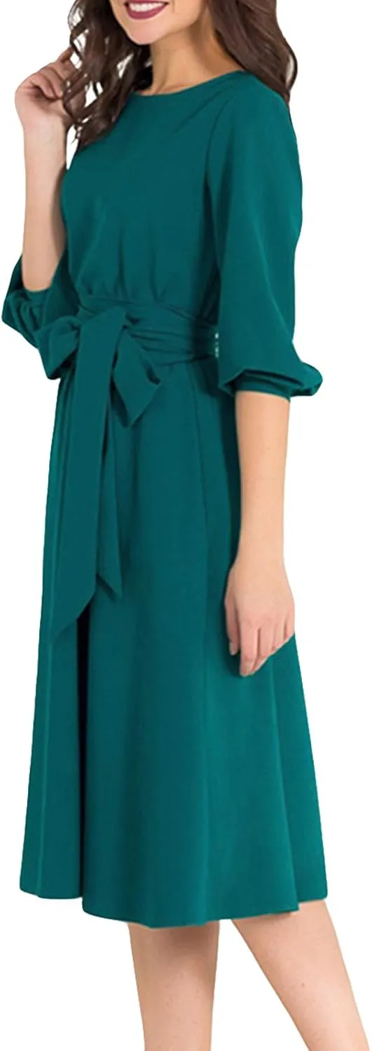 AOOKSMERY Women Elegance Audrey Hepburn Style Round Neck 3/4 Puff Sleeve Swing Midi Dress Long Belt Dresses with Pockets