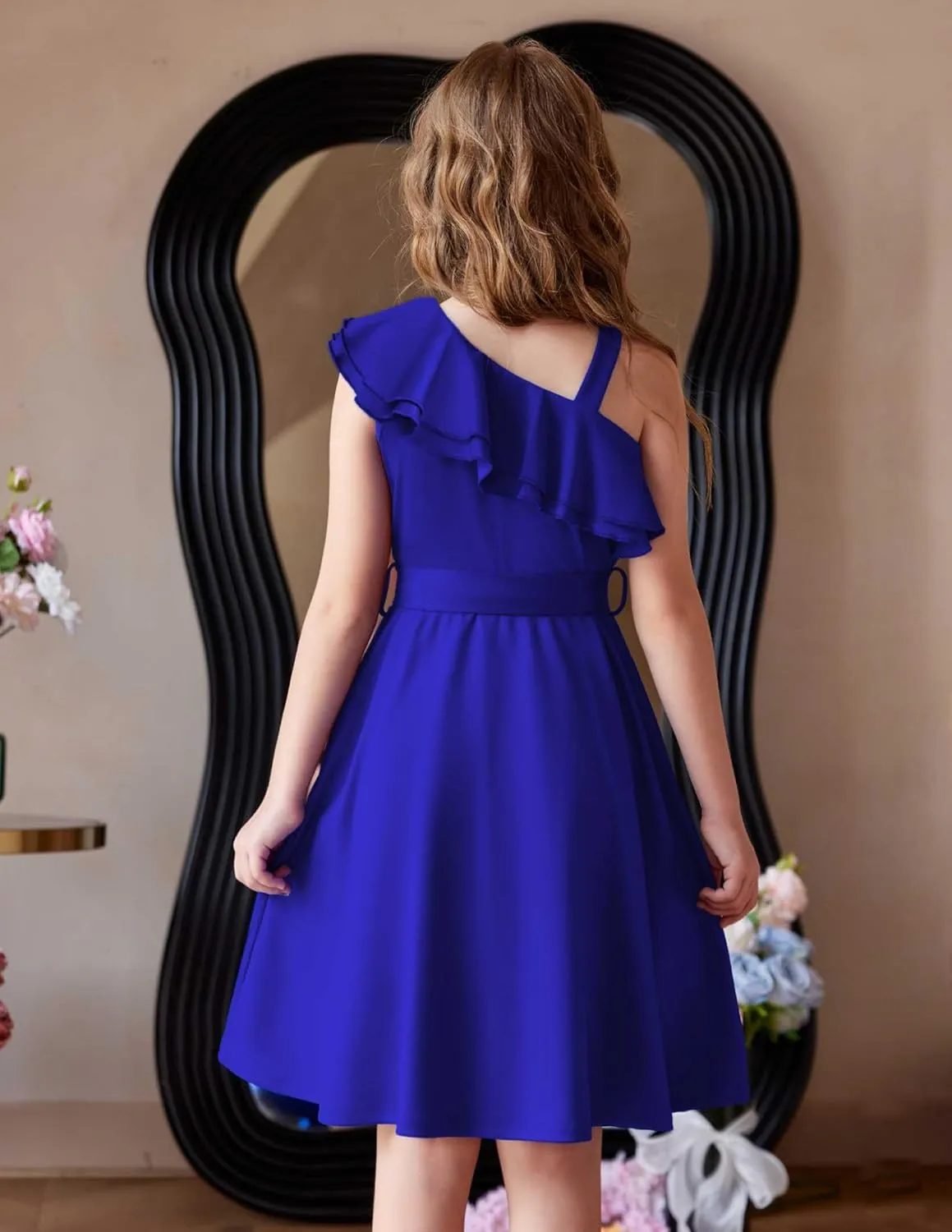 Arshiner Girls Dress One Shoulder Formal Ruffle Trim Birthday Party Dresses with Belted Pockets for 5-12 Years