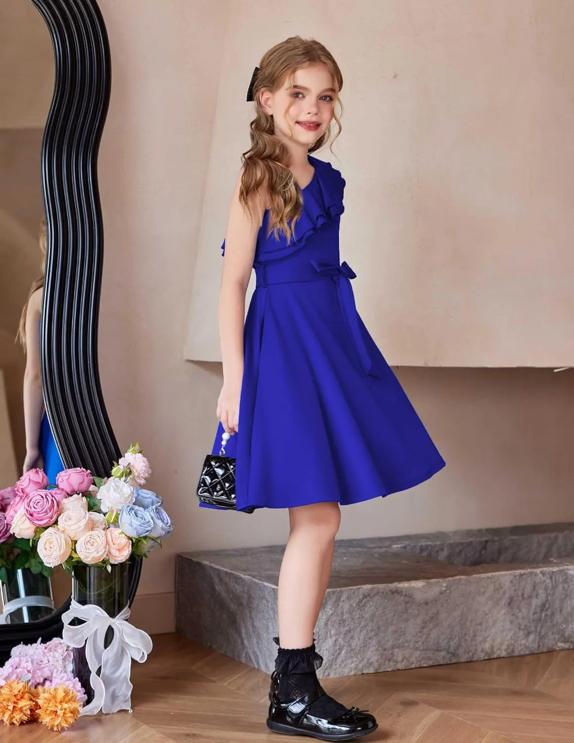 Arshiner Girls Dress One Shoulder Formal Ruffle Trim Birthday Party Dresses with Belted Pockets for 5-12 Years
