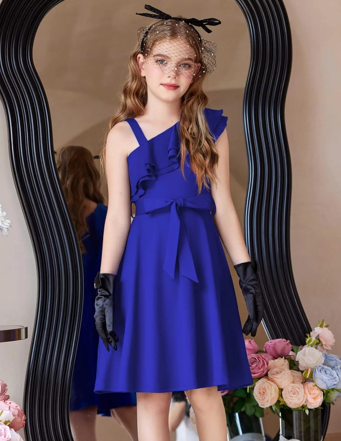Arshiner Girls Dress One Shoulder Formal Ruffle Trim Birthday Party Dresses with Belted Pockets for 5-12 Years