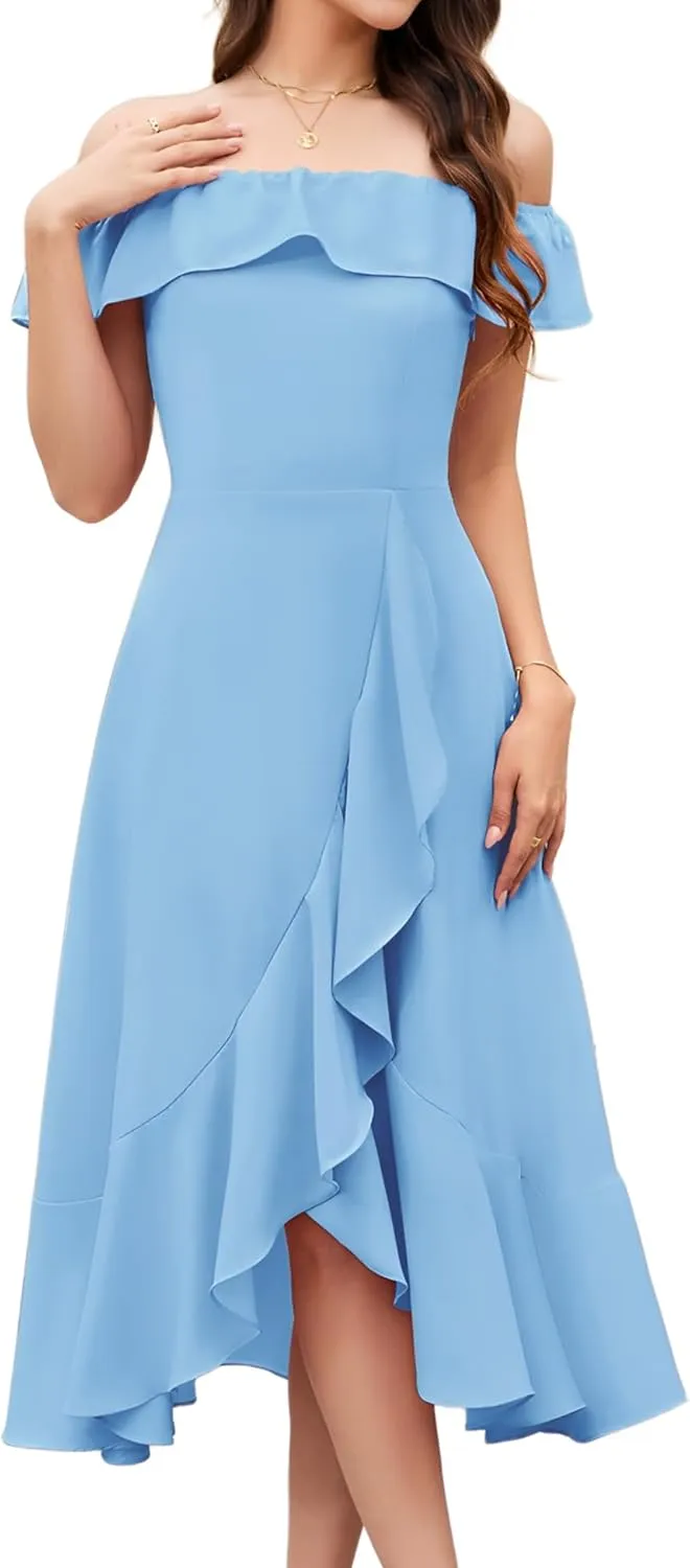 Aupuls Women Chiffon Off Shoulder Formal Dresses High Low Ruffle Midi Cocktail Wedding Guest Dress