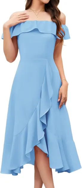 Aupuls Women Chiffon Off Shoulder Formal Dresses High Low Ruffle Midi Cocktail Wedding Guest Dress