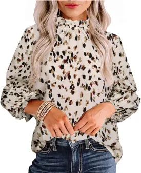 Avanova Women Polka Dot Long Sleeve Blouse Shirts Work Mock Neck Ruffle Top