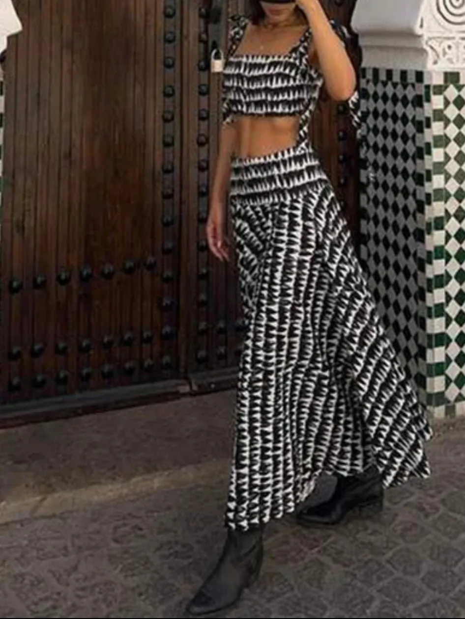 Black and white pattern top and skirt