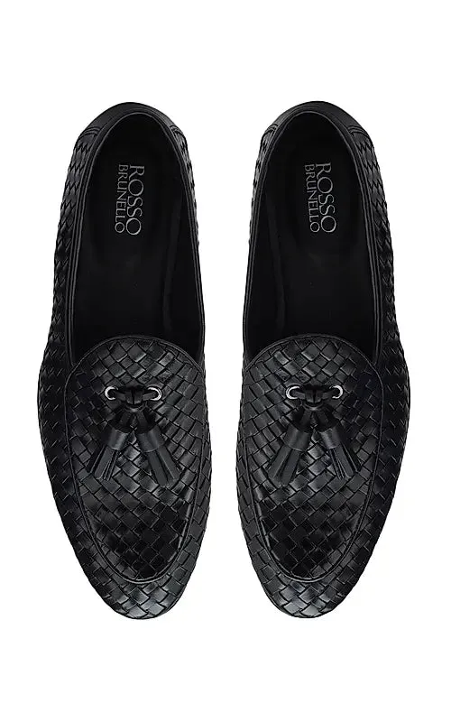 Black Woven Leather Loafers With Tassels