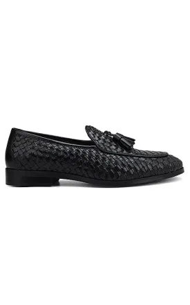 Black Woven Leather Loafers With Tassels
