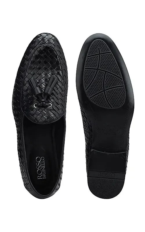 Black Woven Leather Loafers With Tassels