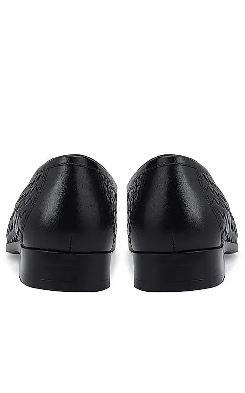 Black Woven Leather Loafers With Tassels