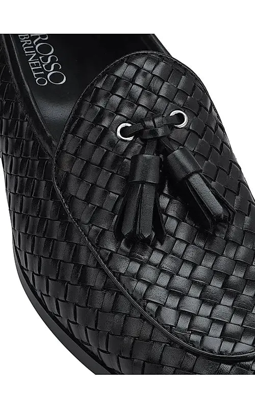 Black Woven Leather Loafers With Tassels