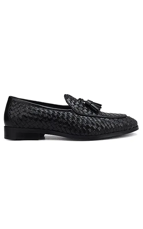 Black Woven Leather Loafers With Tassels
