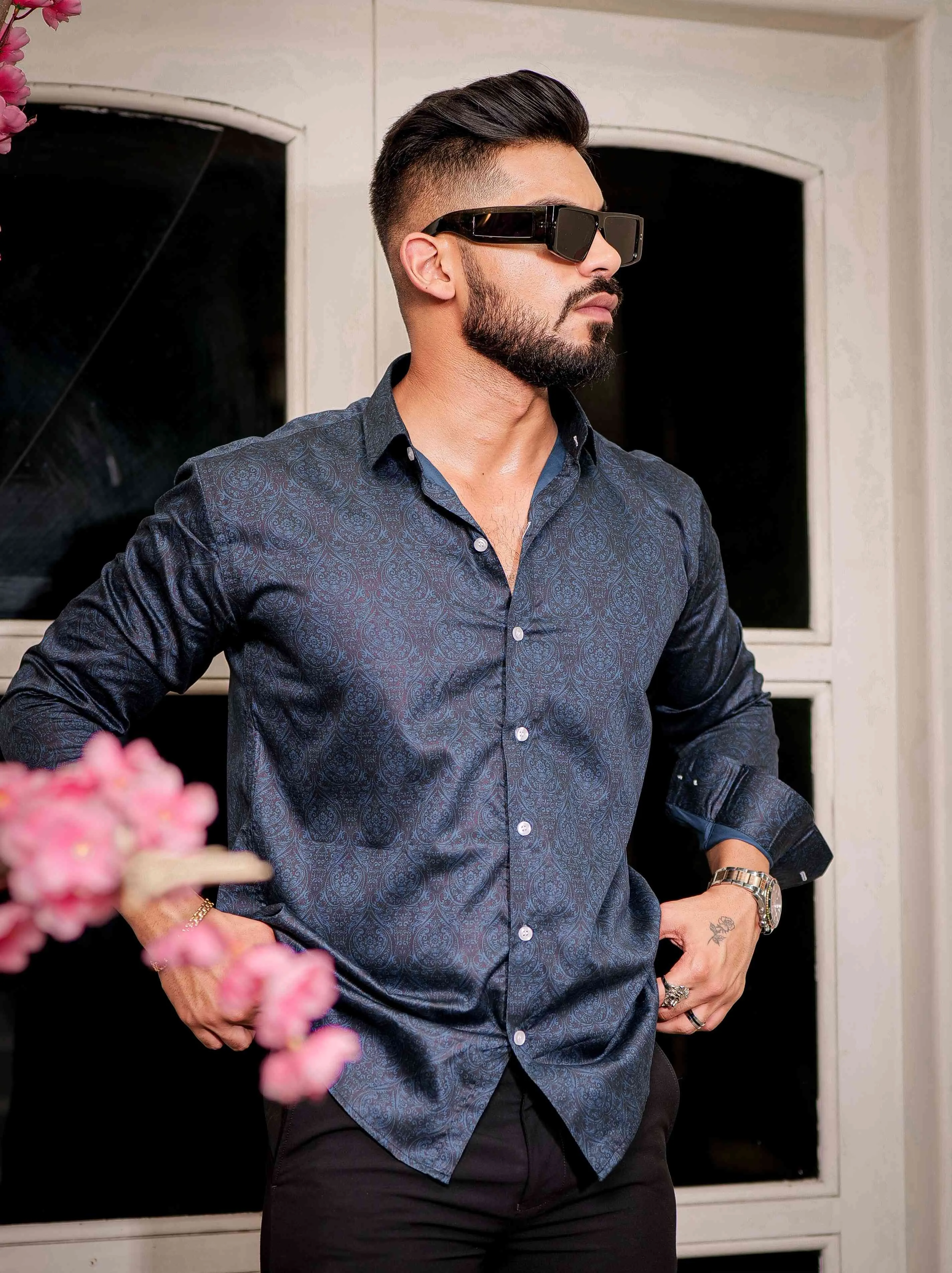 Blue Cotton Print Premium Shirt