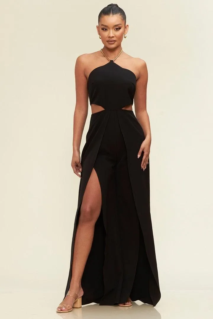 chain halter split leg cutout jumpsuit