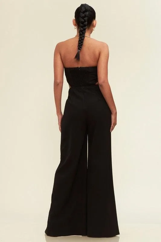 chain halter split leg cutout jumpsuit