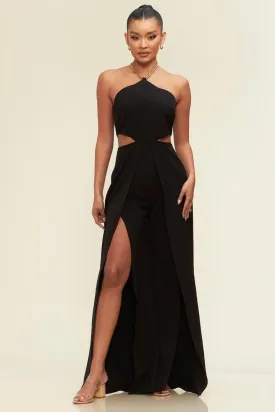 chain halter split leg cutout jumpsuit