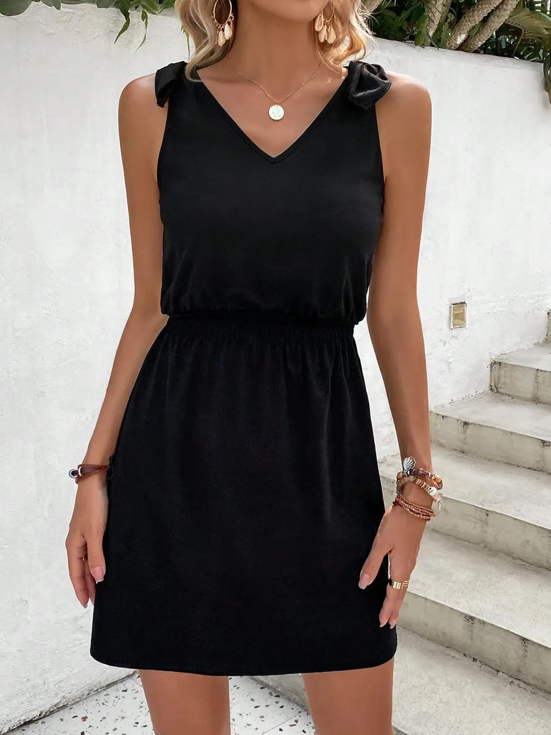 COZYEASE Women's Tie Shoulder A Line High Waist A Line Dress Sleeveless V Neck Solid Short Dresses