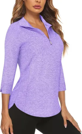 Cucuchy Style Womens Golf Shirt 3/4 Sleeve Quarter Zip Workout Tennis Tops Quick Dry UPF 50  Shirts
