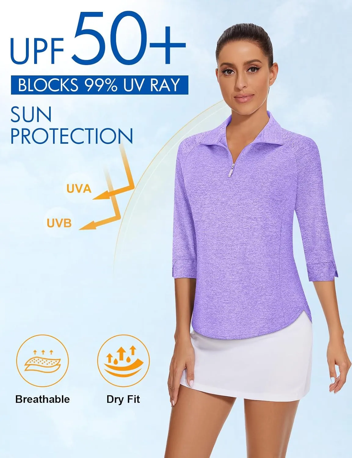 Cucuchy Style Womens Golf Shirt 3/4 Sleeve Quarter Zip Workout Tennis Tops Quick Dry UPF 50  Shirts