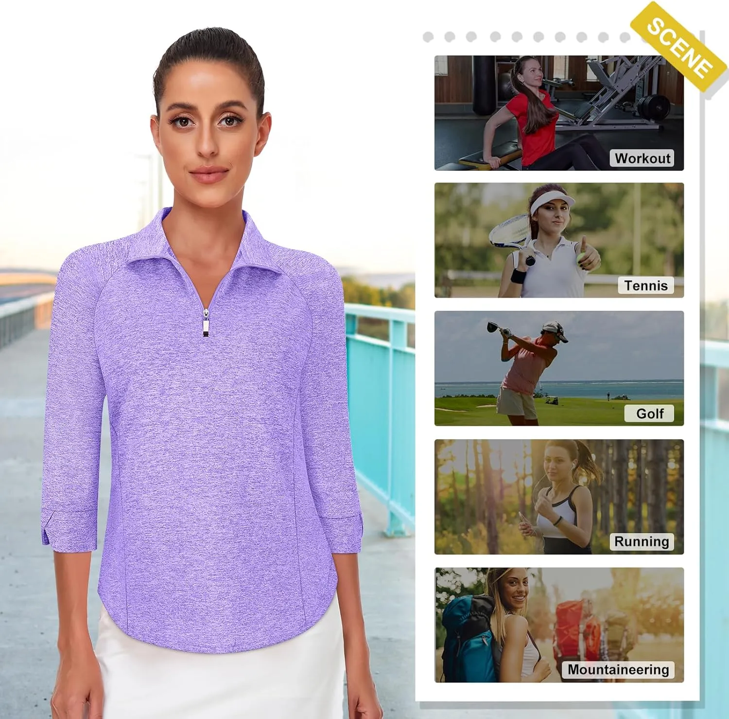 Cucuchy Style Womens Golf Shirt 3/4 Sleeve Quarter Zip Workout Tennis Tops Quick Dry UPF 50  Shirts