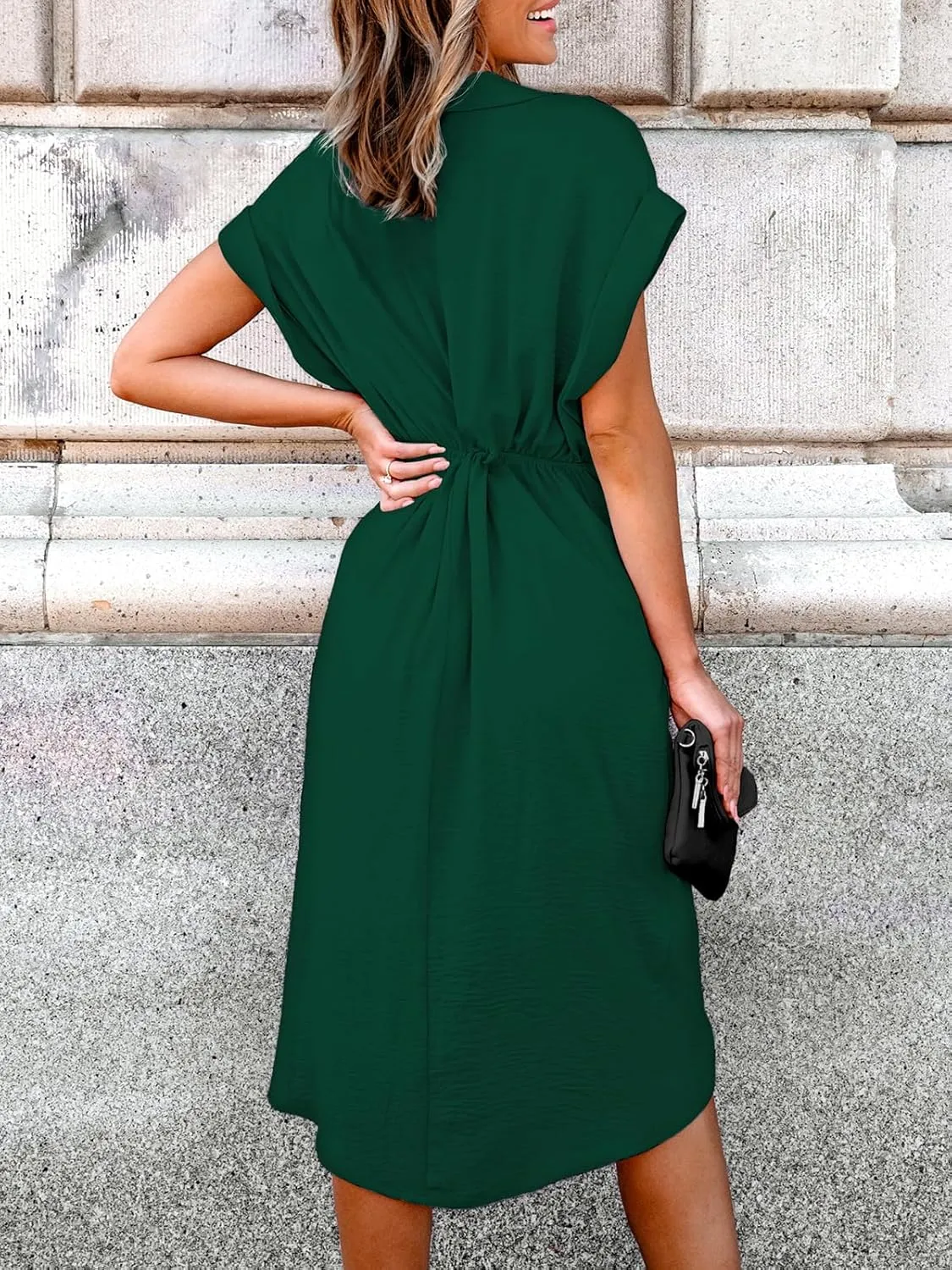 CUPSHE Midi Dress for Women 2025 V Neck Short Sleeves Knotted Pockets Tunic Waist Spring Casual Dress