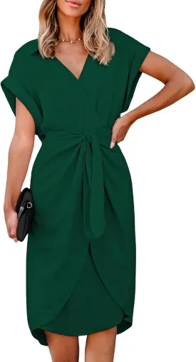 CUPSHE Midi Dress for Women 2025 V Neck Short Sleeves Knotted Pockets Tunic Waist Spring Casual Dress