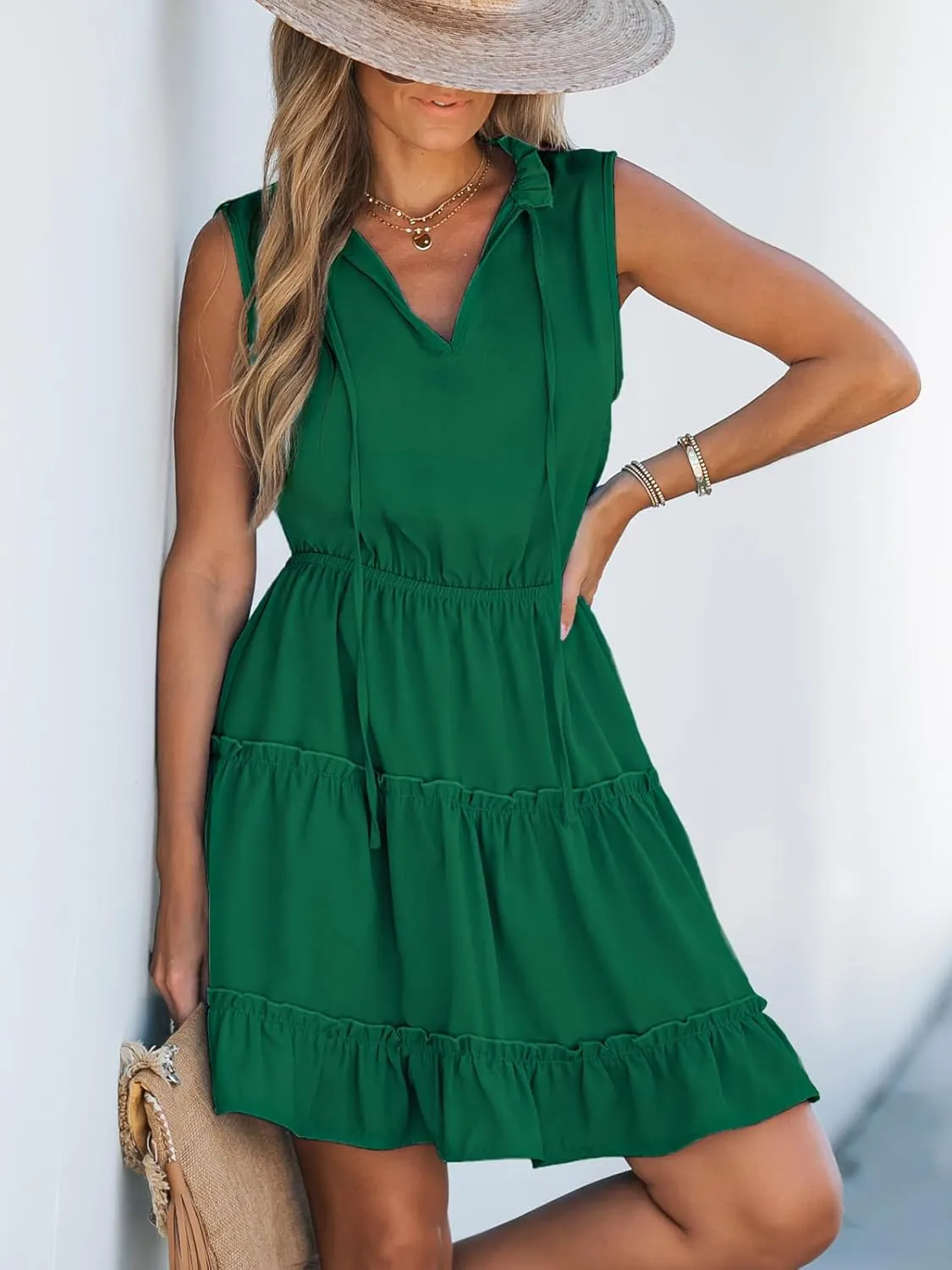 CUPSHE Women's Tie Notched Neck Tiered Sleeveless Elastic Waist Ruffled Trim Mini Dress Summer Short Dress