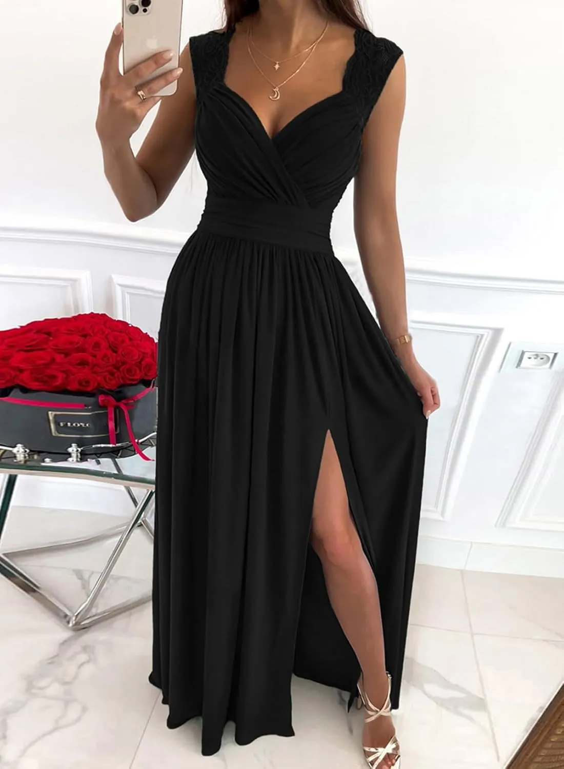 Dokotoo Womens 2025 Formal Dresses Wrap V-Neck Ruched Sexy Bridesmaid Wedding Guest Maxi Dresses