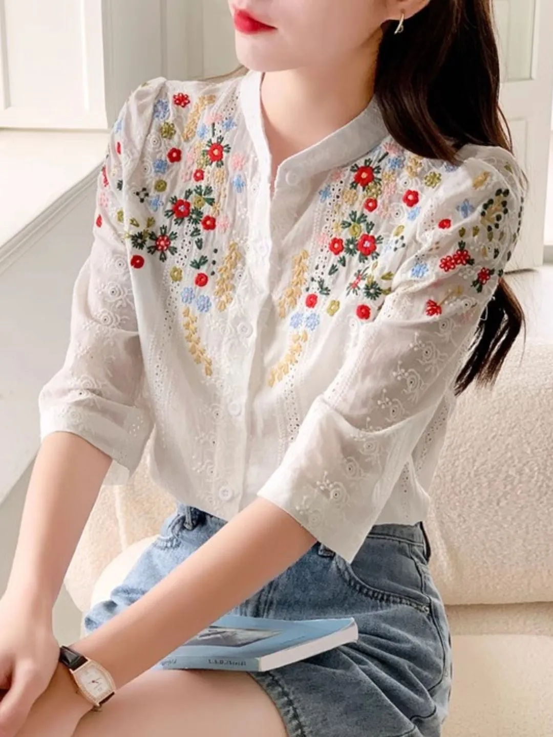 Embroidered Jacquard Stand Collar Shirt