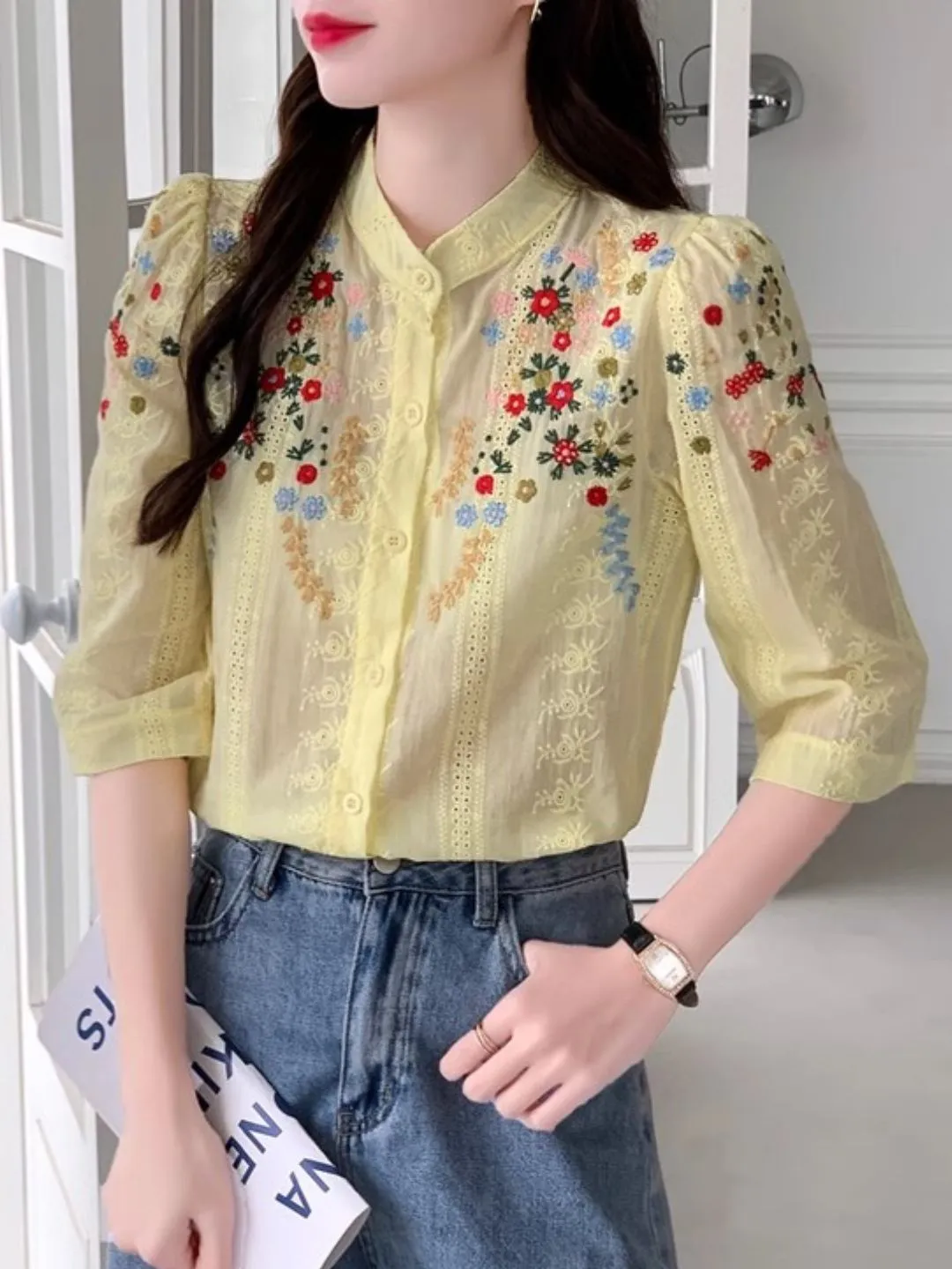 Embroidered Jacquard Stand Collar Shirt