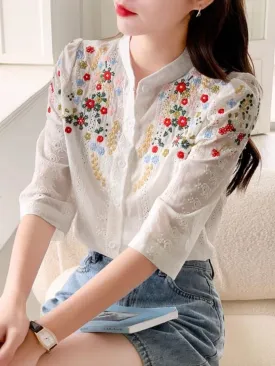 Embroidered Jacquard Stand Collar Shirt