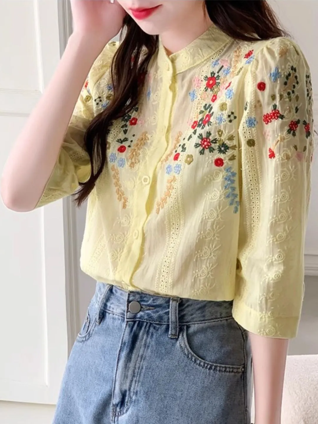 Embroidered Jacquard Stand Collar Shirt