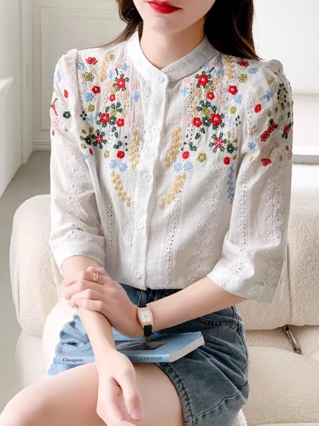 Embroidered Jacquard Stand Collar Shirt