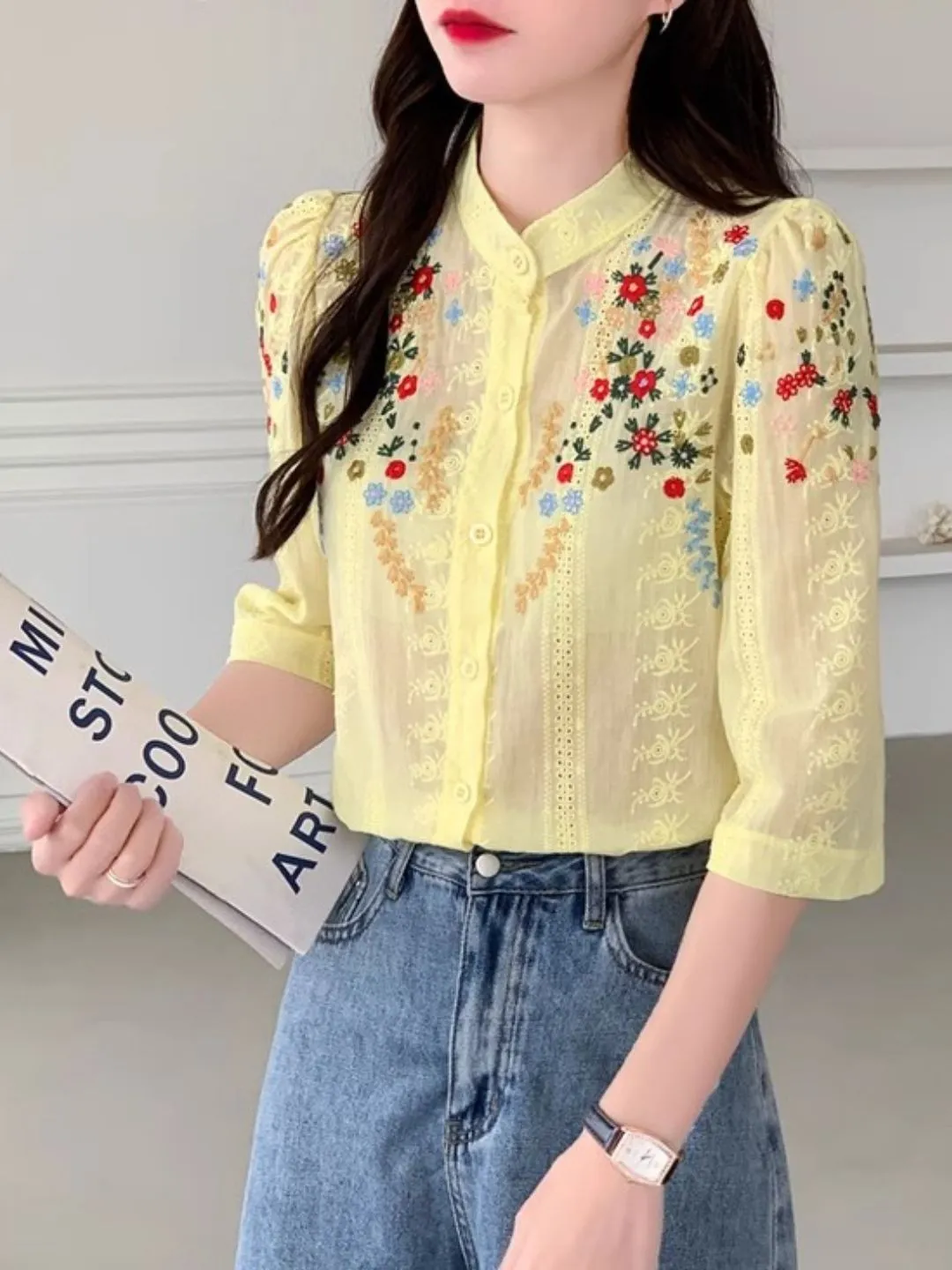 Embroidered Jacquard Stand Collar Shirt